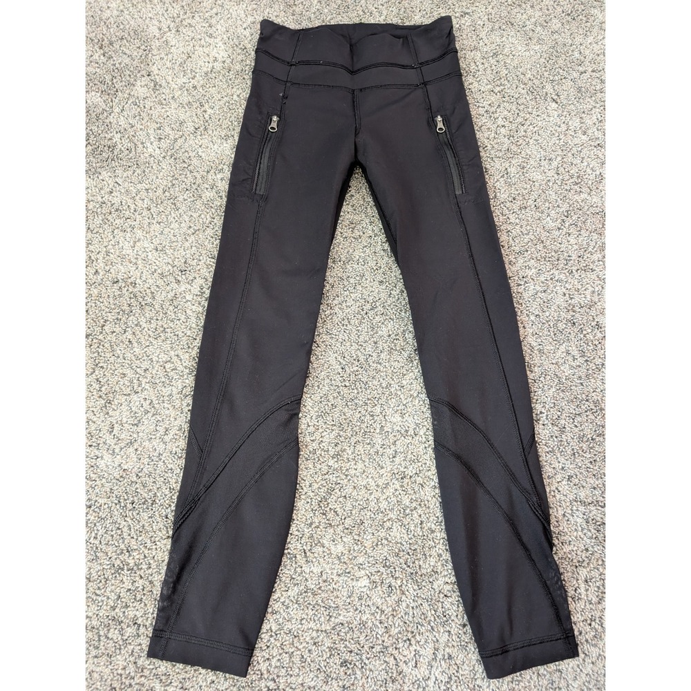 Lululemon Pace Rival Crop Black Mesh Panel Running Leggings Size 2 Pocket‎